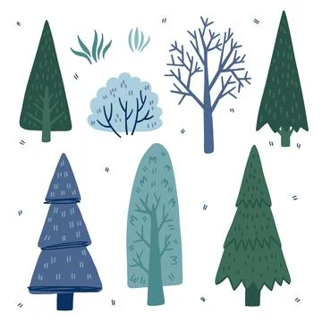 Illustration set of winter plants. Trees, bushes, fir trees, grass isolated o Stock Illustration