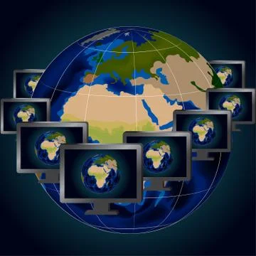 Illustration of several computer monitors over background of globe Stock Illustration