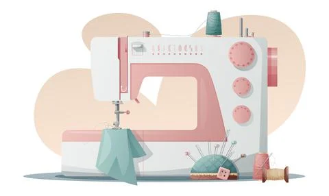 Illustration of a sewing machine with threads and a needle bed on a white bac Stock Illustration