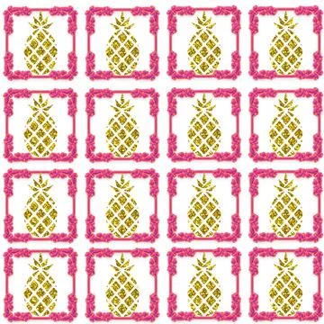 Illustration of shiny pineapple patterns with pink frames on a white backgrou 스톡 일러스트