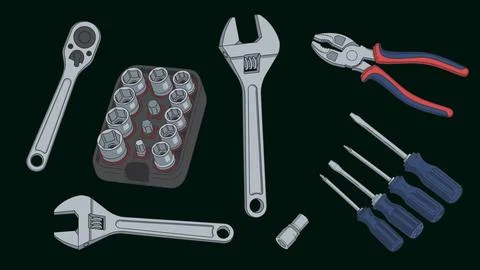 Illustration showcasing various metallic tools on a dark backdrop bundle design Stock Illustration
