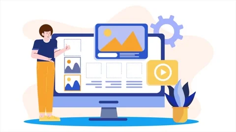 Illustration showcasing the web design process, featuring a person and digital Stock Footage 284906418