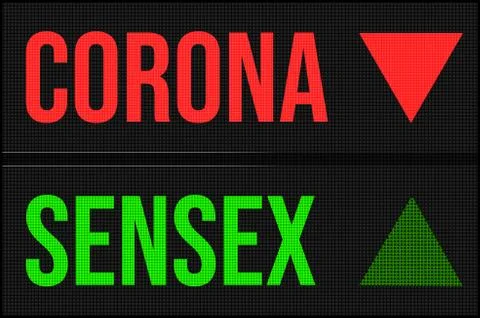Illustration showing decrease in corona cases and increase in sensex 库存插图