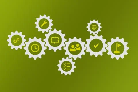 Illustration showing the process of quality management with icons on the green b Stock Illustration
