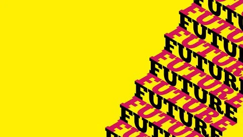 Illustration showing typographic steps into the future on a yellow background. Иллюстрация