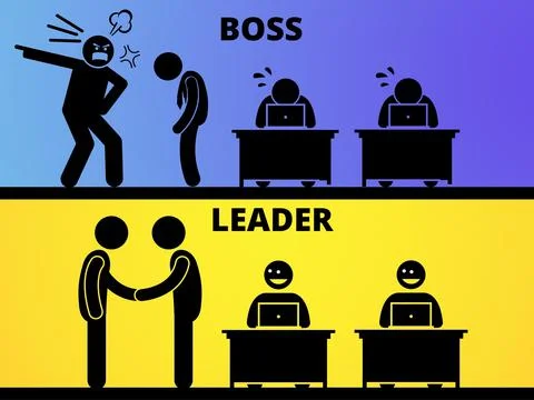 Illustration that shows the differences between a boss and a leader. How staff Foto stock