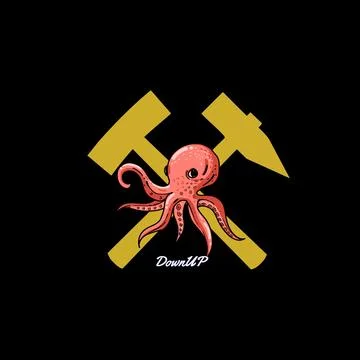 Illustration shows a dynamic red octopus against a background of two crossed Stock Illustration