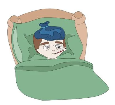 Illustration of a Sick boy lying in bed Stock Illustration