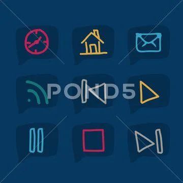 Illustration of sketches of icons on blue text bubbles, vector illustration Stock Illustration