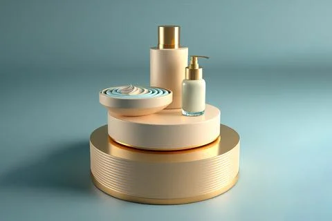 Illustration of a skincare cosmetic bottle displayed resting on a podium fl.. Stock Illustration