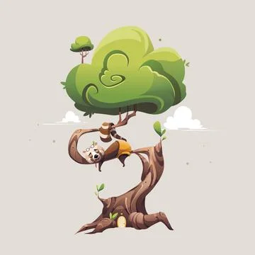 Illustration of a sleeping panda on a large tree with a green crown. Stock Illustration