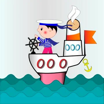Illustration of a small captain on a ship going to ocean Stock Illustration