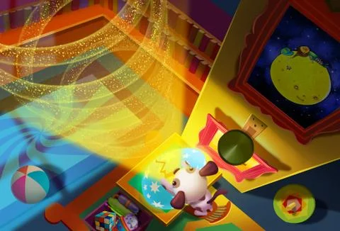 Illustration: Small dog opens the egg, magic rings grow to sky like Jack's beans Stock Illustration