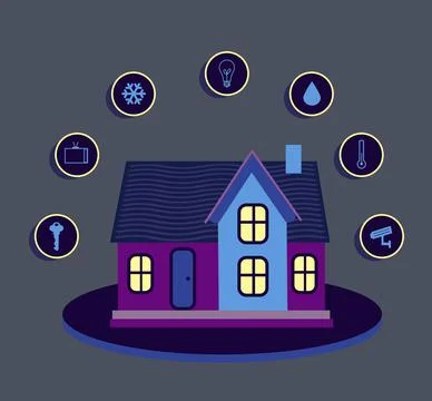 Illustration of smart home technology with automatic systems and icons on gre イラスト素材