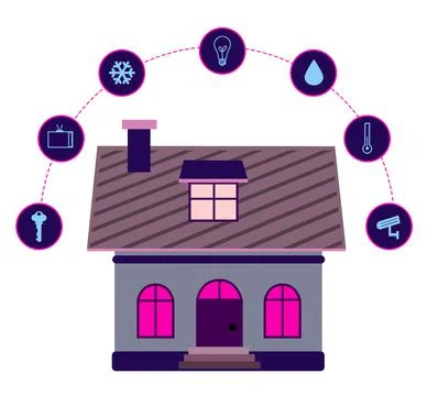 Illustration of smart home technology with automatic systems and icons on whi Illustrazione stock