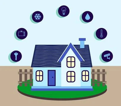 Illustration of smart home technology with automatic systems and icons on col Stock Illustration