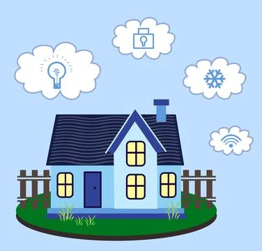 Illustration of smart home technology with automatic systems and icons on lig Stock Illustration