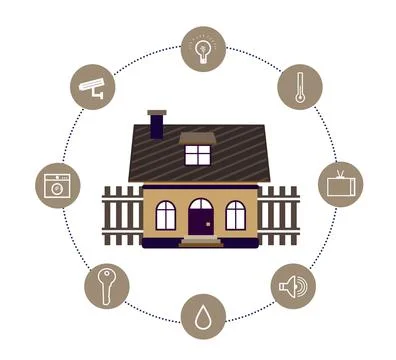 Illustration of smart home technology with automatic systems and icons on whi イラスト素材