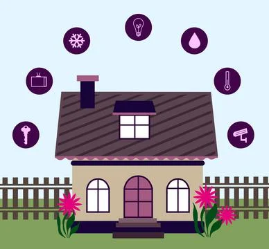 Illustration of smart home technology with automatic systems and icons on col イラスト素材