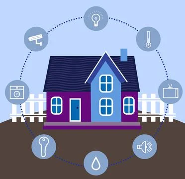 Illustration of smart home technology with automatic systems and icons on col Stock Illustration