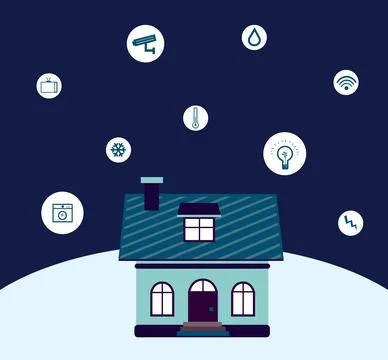 Illustration of smart home technology with automatic systems and icons on col Stock Illustration