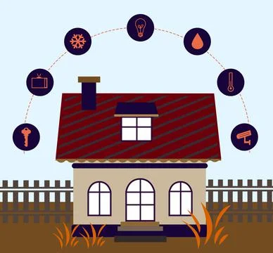 Illustration of smart home technology with automatic systems and icons on col イラスト素材