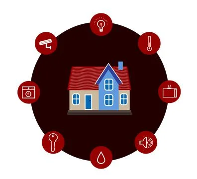 Illustration of smart home technology with automatic systems and icons on whi イラスト素材