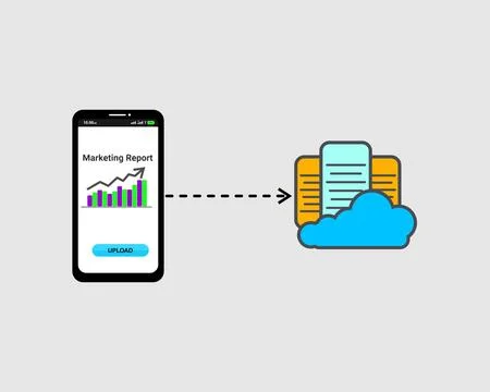 Illustration of a smartphone uploading data to a cloud storage server Stock Illustration