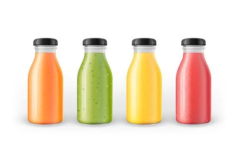 Illustration of smoothies in glass bottles. Vector packaging mockup template Stock Illustration