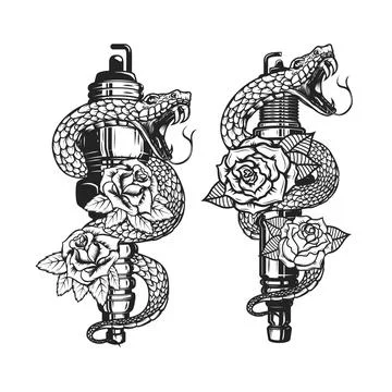 Illustration of the snake on spark plug and roses. Design element for poste.. Stock Illustration