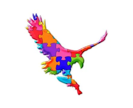 An illustration of a soaring eagle composed out of colorful puzzle pieces on  Stock Illustration