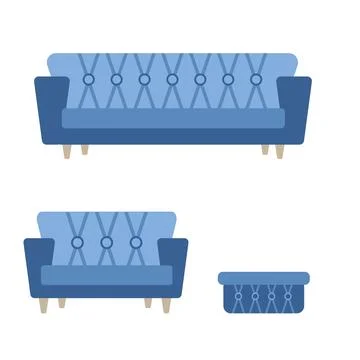 Illustration of a sofa, different sizes with a pouffe, decorated with buttons 스톡 일러스트