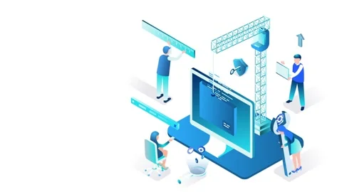 Illustration of Software Development with Engineers and Construction Metaphor Vídeo Stock 341920087