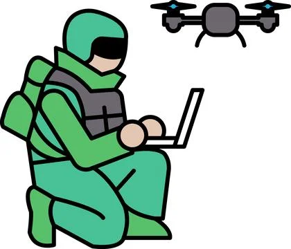 Illustration of a soldier using a drone in a line drawing style Illustrazione stock