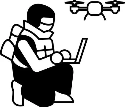 Illustration of a soldier using a drone in a line drawing style Illustrazione stock