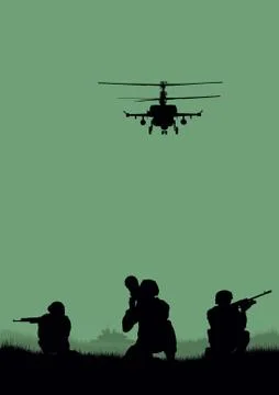 Illustration, the soldiers going to attack and helicopters. Stock Illustration