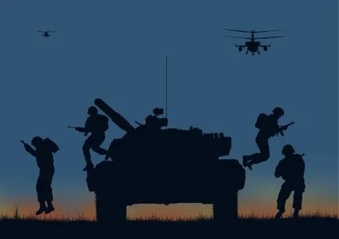 Illustration, the soldiers going to attack and helicopters. Stock Illustration