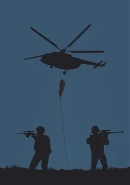 Illustration, the soldiers going to attack and helicopters. Stock Illustration