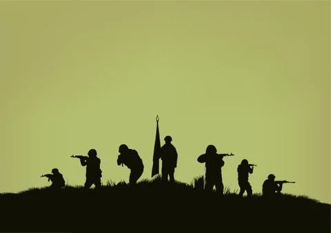 Illustration, the soldiers going to attack and helicopters. Stock Illustration