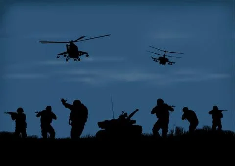 Illustration, the soldiers going to attack and helicopters. Stock Illustration