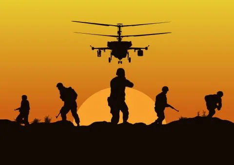 Illustration, the soldiers going to attack and helicopters. Stock Illustration