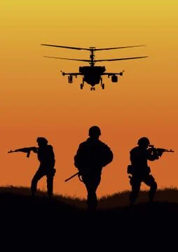 Illustration, the soldiers going to attack and helicopters. Stock Illustration