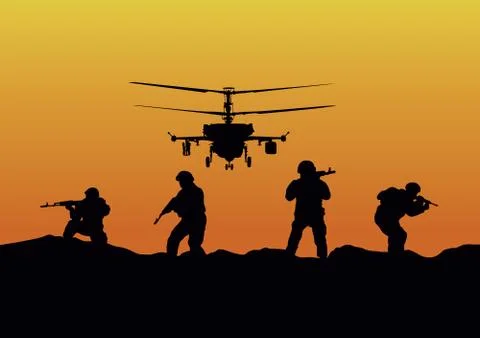 Illustration, the soldiers going to attack and helicopters. Stock Illustration