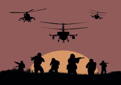 Illustration, the soldiers going to attack and helicopters. Stock Illustration