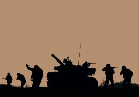 Illustration, the soldiers going to attack and helicopters. Stock Illustration