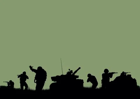Illustration, the soldiers going to attack and helicopters. Stock Illustration
