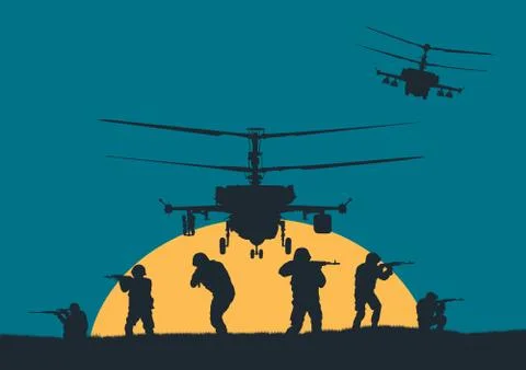 Illustration, the soldiers going to attack and helicopters. Stock Illustration