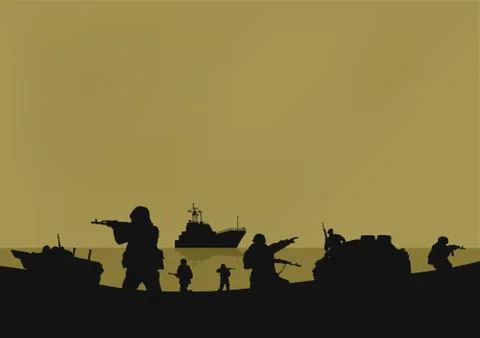 Illustration, the soldiers going to attack and helicopters. Stock Illustration