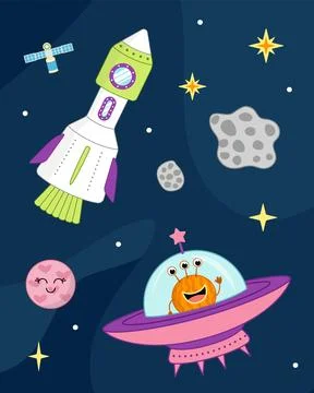 Illustration with space rocket, ufo, space monster, meteor, planet. Cartoon Stock Illustration