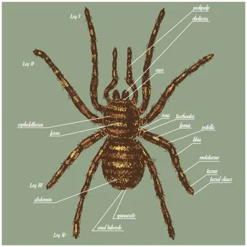 Illustration of a spider anatomy include all name of animal parts. Birdeater Stock Illustration
